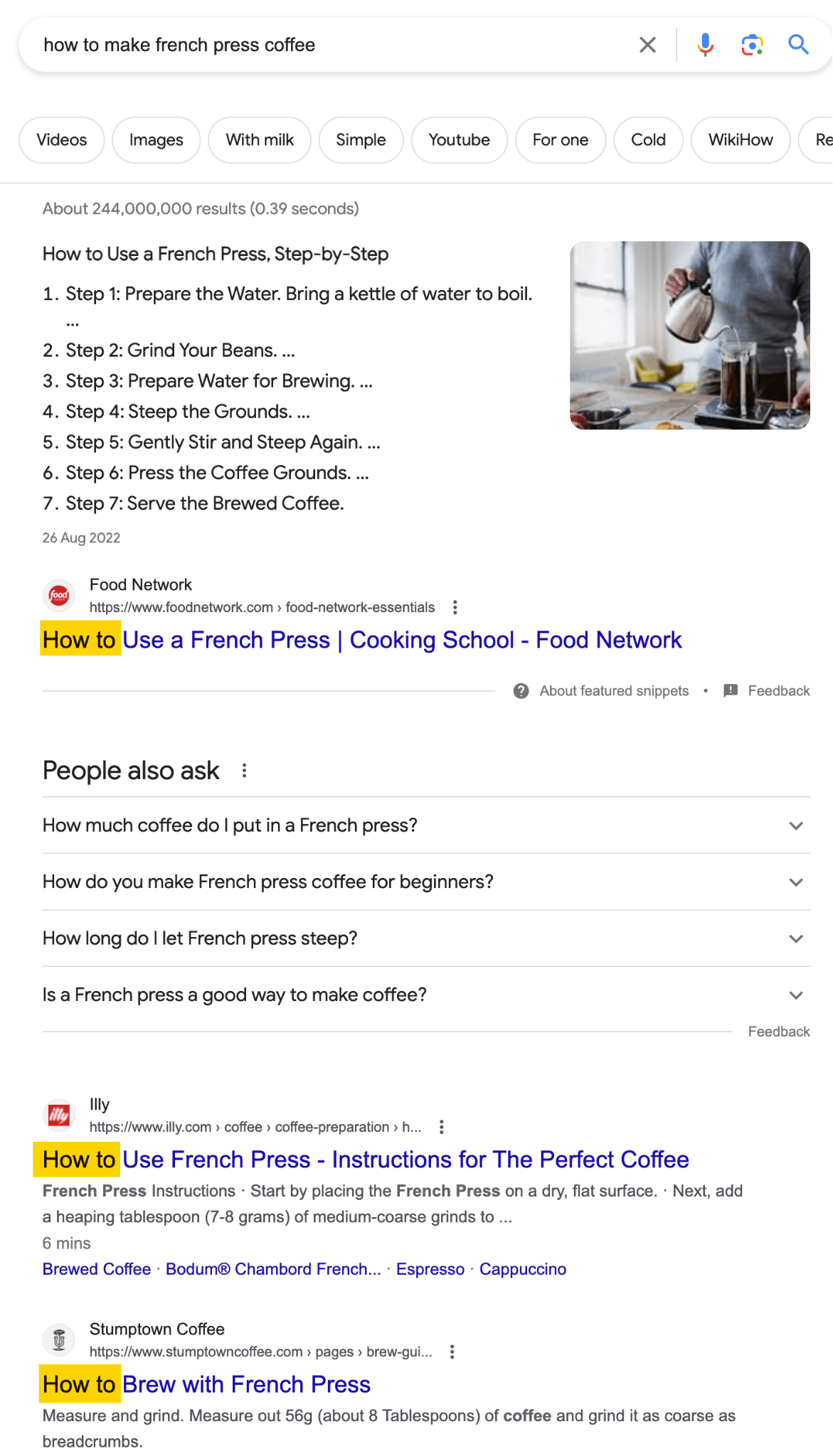 Google search results for "how to make french press coffee" shows searchers want a how-to guide