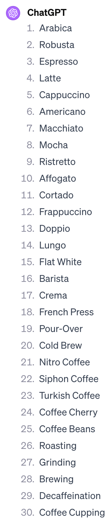 List of coffee-related terms, suggested by ChatGPT