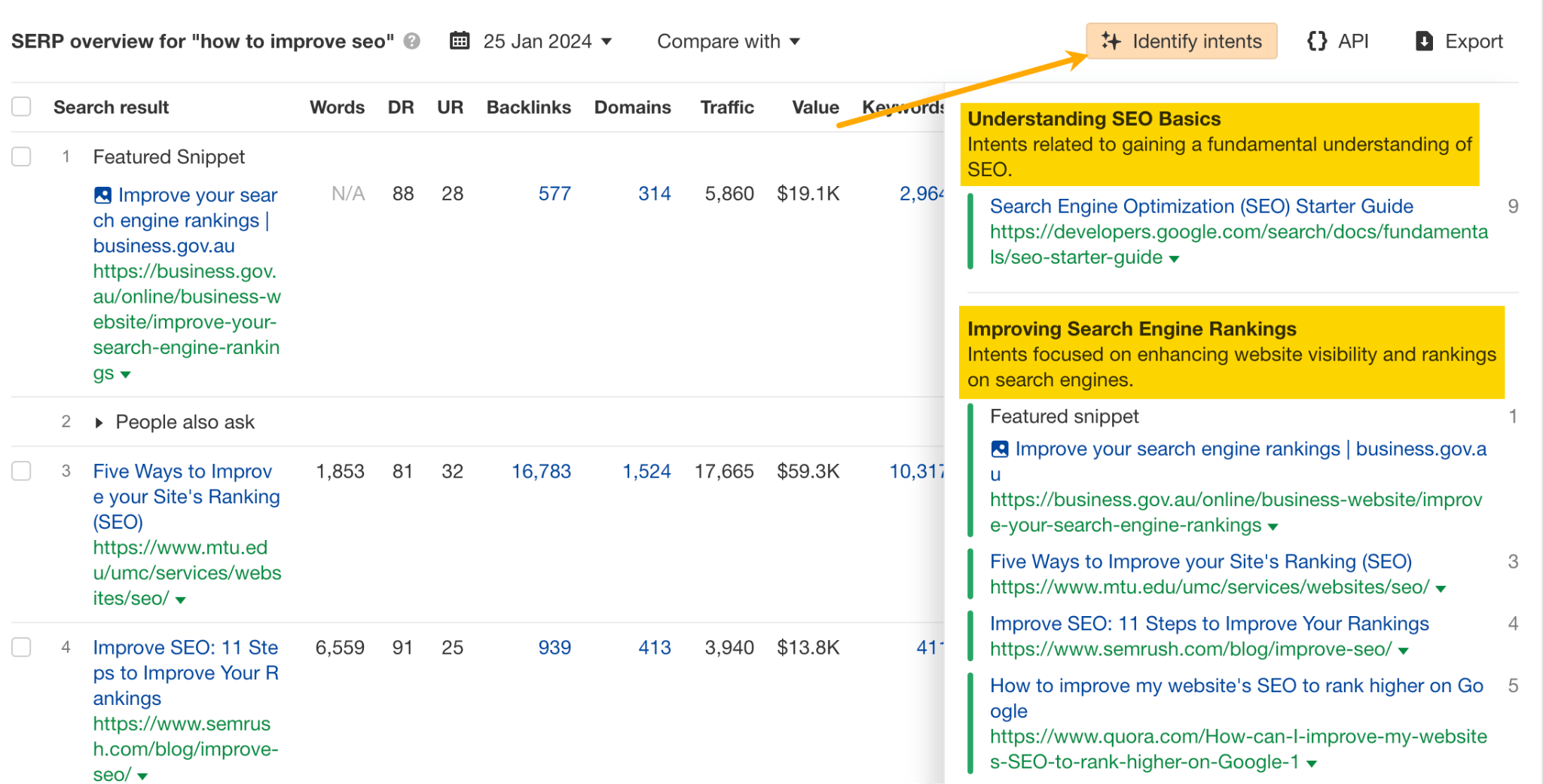 THE "Identify intent" functionality in the SERP Overview, in the Keyword Explorer