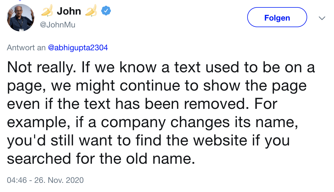 John Mueller confirms that text previously on a page might be used to rank it