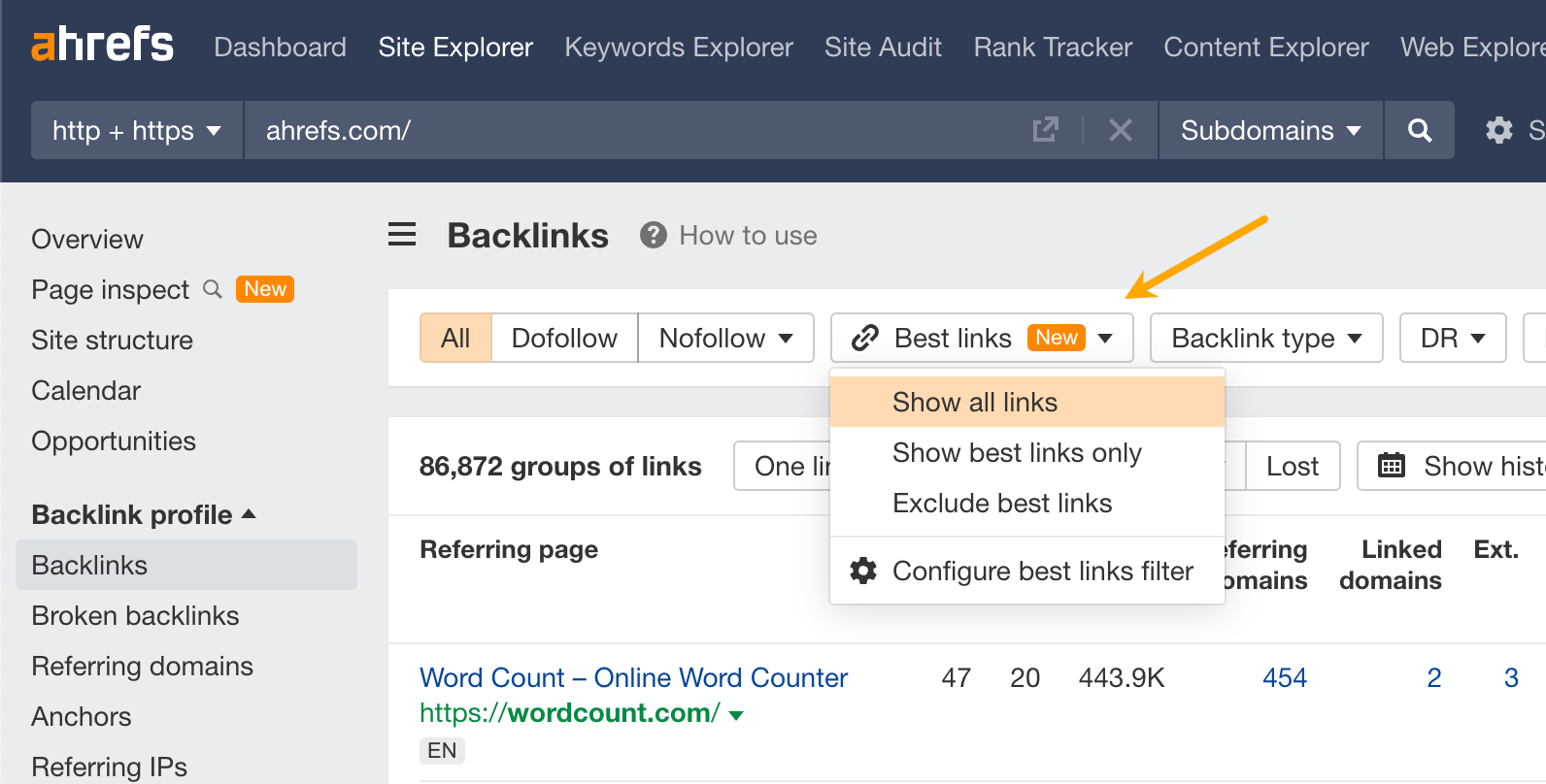 Best by links filter in Ahrefs.