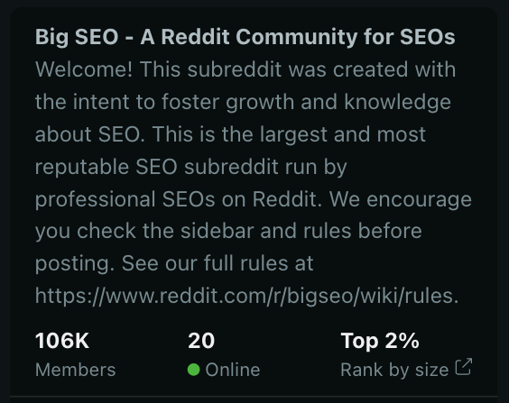 BigSEO's welcome message for SEOs on Reddit.