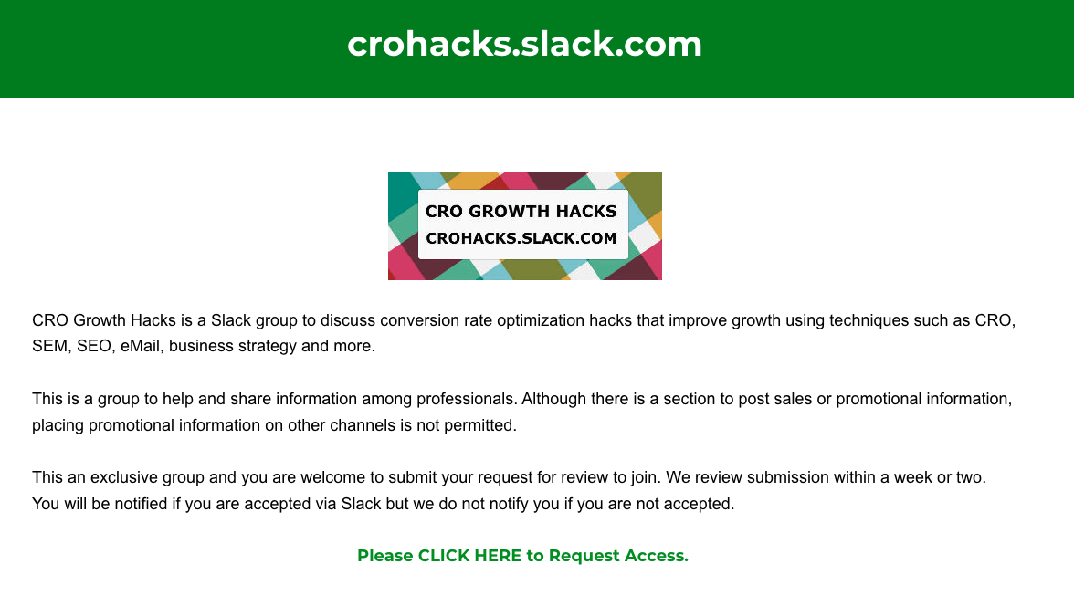 CRO Growth Hacks' landing page where people can sign up to the Slack community.