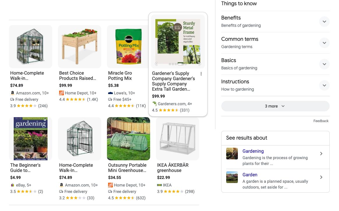 Current SERP results on Google for the keyword "gardening" showing product results.