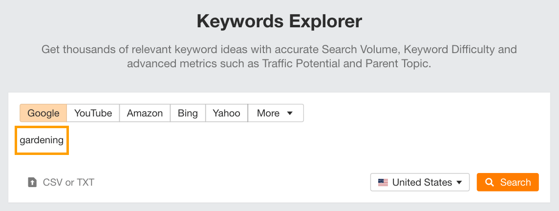 Example of entering a keyword into Ahrefs' keyword explorer.