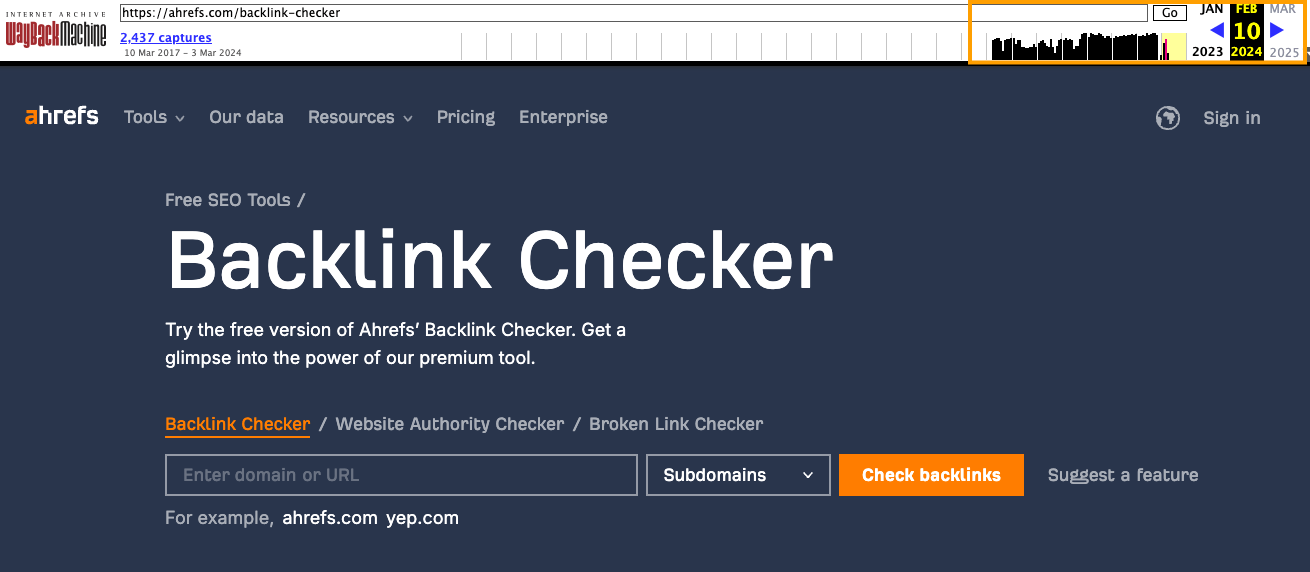 Example of historical snapshot of Ahrefs' Backlink Checker page taken by Wayback machine. 