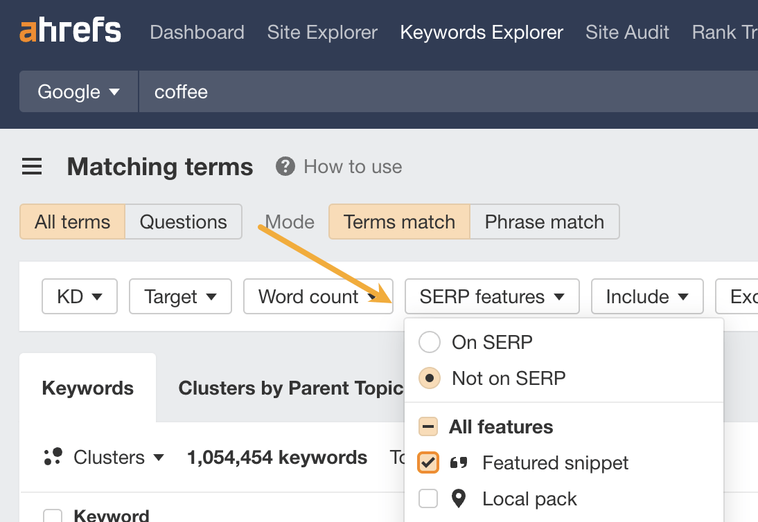 Filtering for keywords without featured snippets in Ahrefs' Keywords Explorer