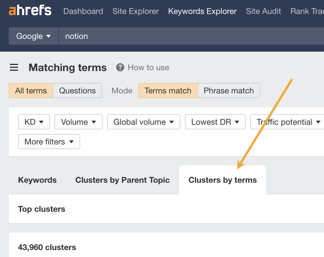 How to cluster by terms in Ahrefs' Keywords Explorer