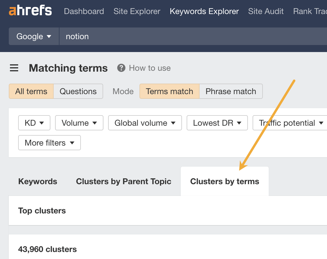 Cómo agrupar por términos en el Explorador de palabras clave de Ahrefs