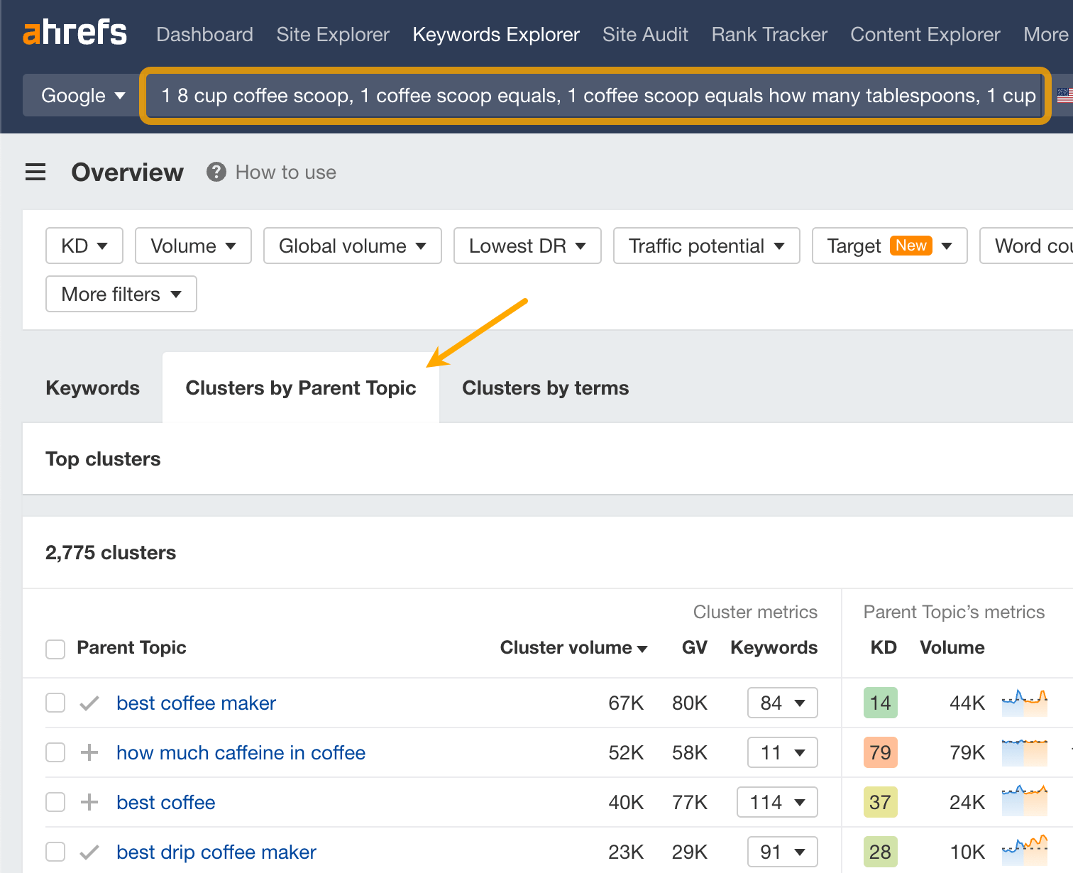 Import your competitor's keywords into Ahrefs' Keywords Explorer, then click "Clusters by Parent Topic" to group them