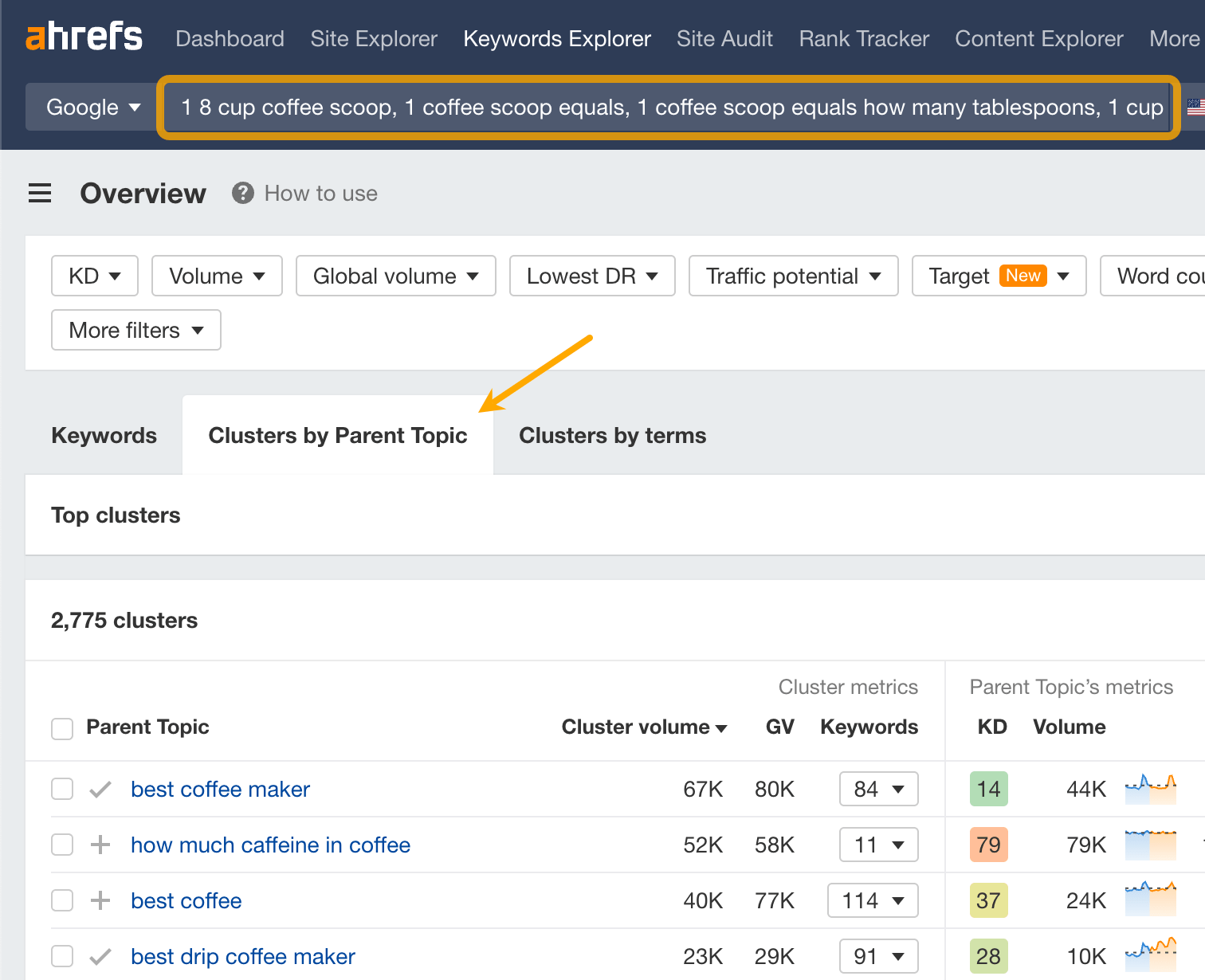 Importe las palabras clave de su competidor al Explorador de palabras clave de Ahrefs, luego haga clic en 