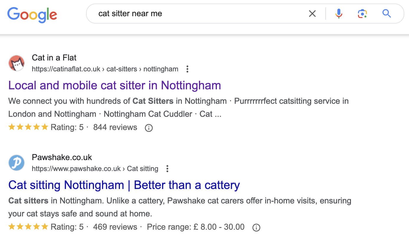 Local directories and niche sites rank for "cat sitter near me"