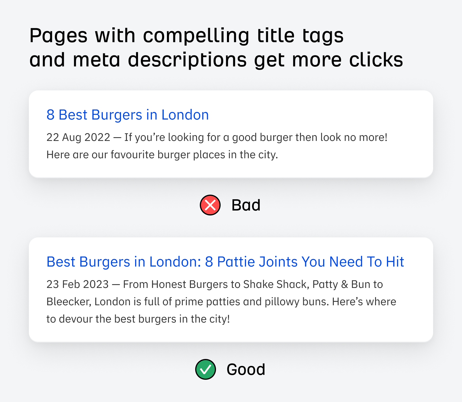 Pages with compelling title tags and meta descriptions get more clicks