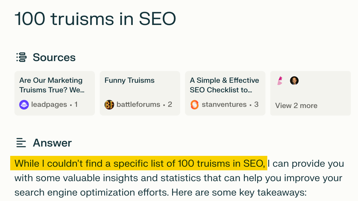 Perplexity's answer for "100 truisms in SEO"