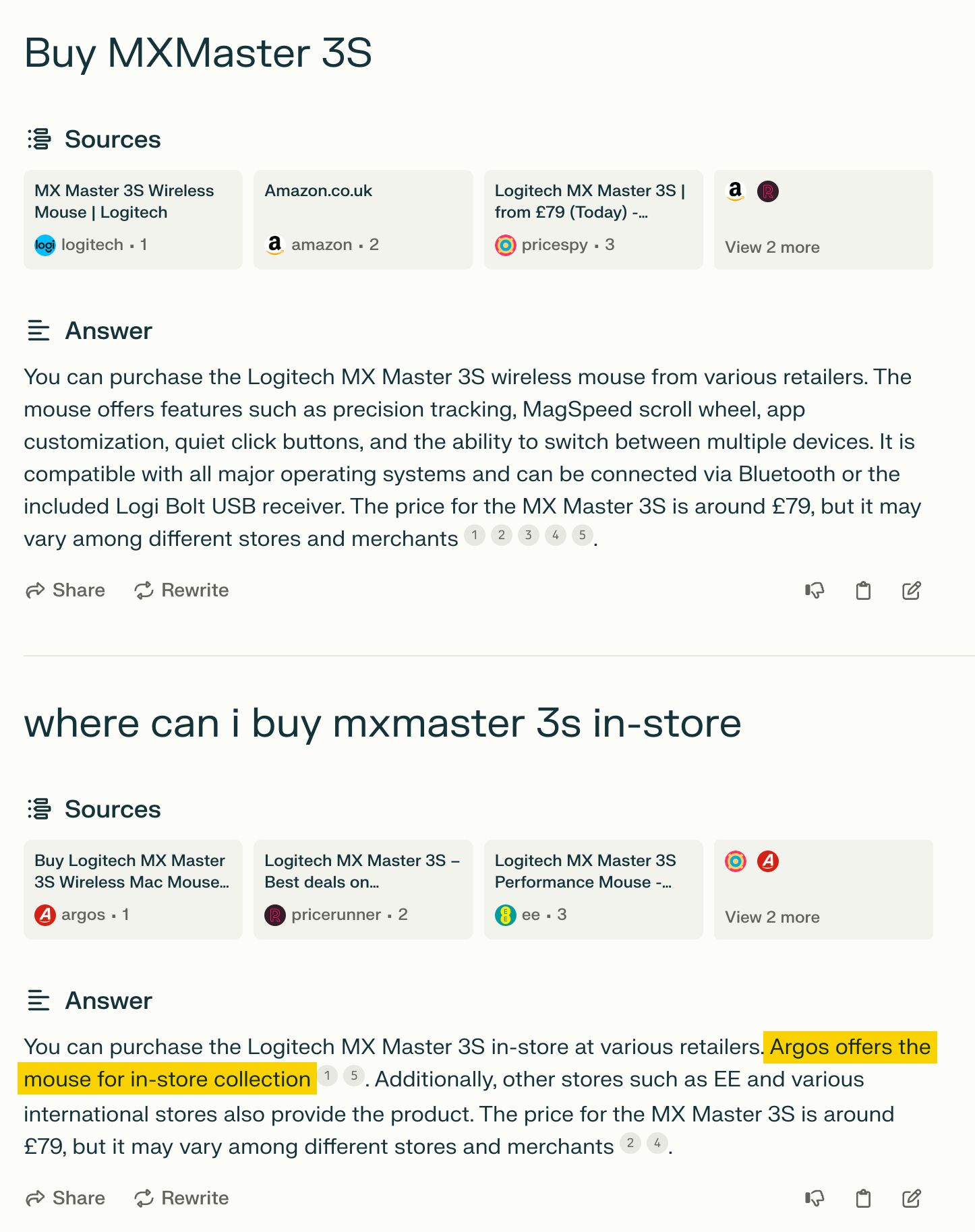 Perplexity's answer for "Buy MXMaster 3S"