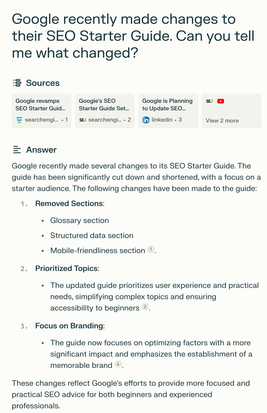 Perplexity's answer for "What changes did Google make to their SEO Starter Guide"