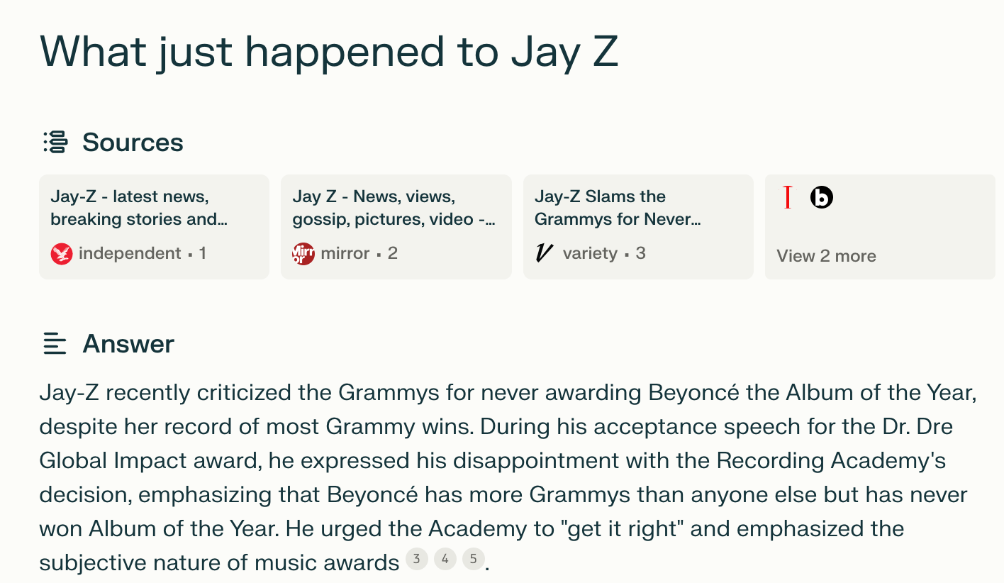 Perplexity's reply  for "What conscionable  happened to Jay Z"