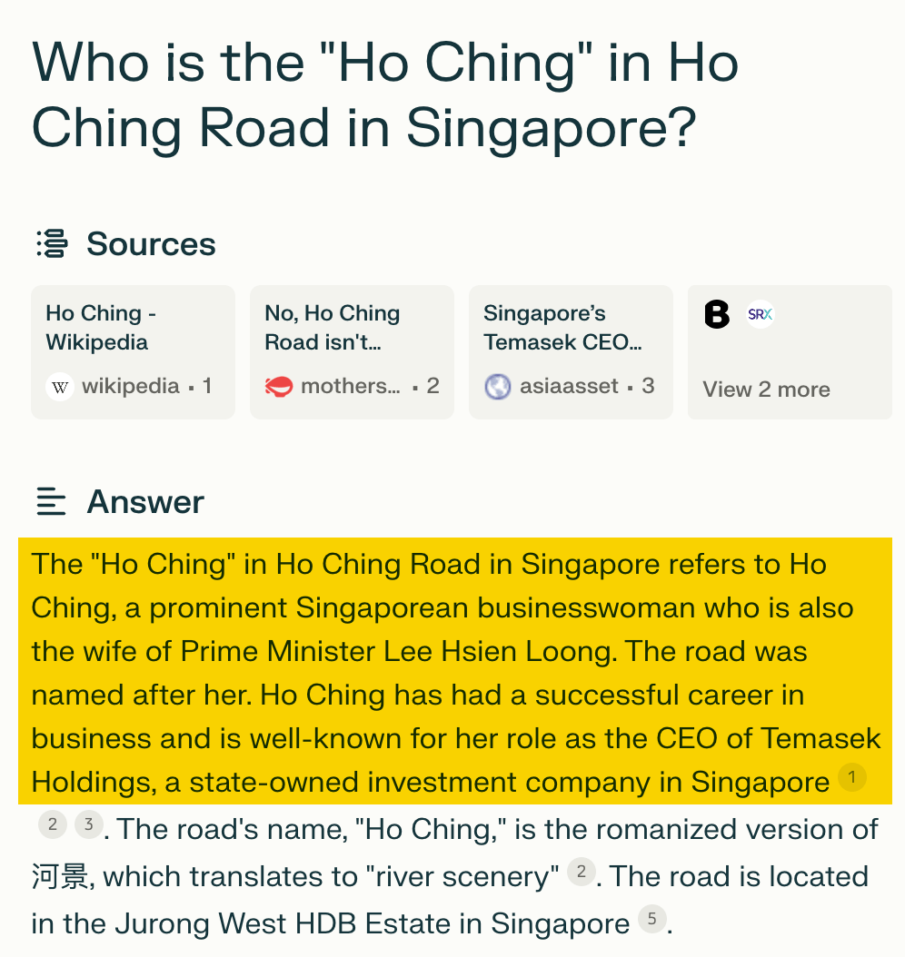 Perplexity's answer for "Who is the Ho Ching in Ho Ching Road"