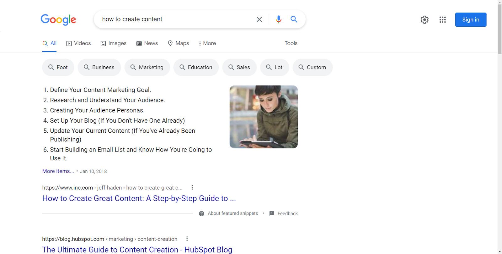 Search for "how to create content" showing a featured snippet