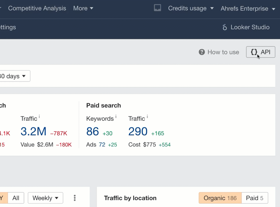 Using the Ahrefs API button to convert a report into a cURL request easily.