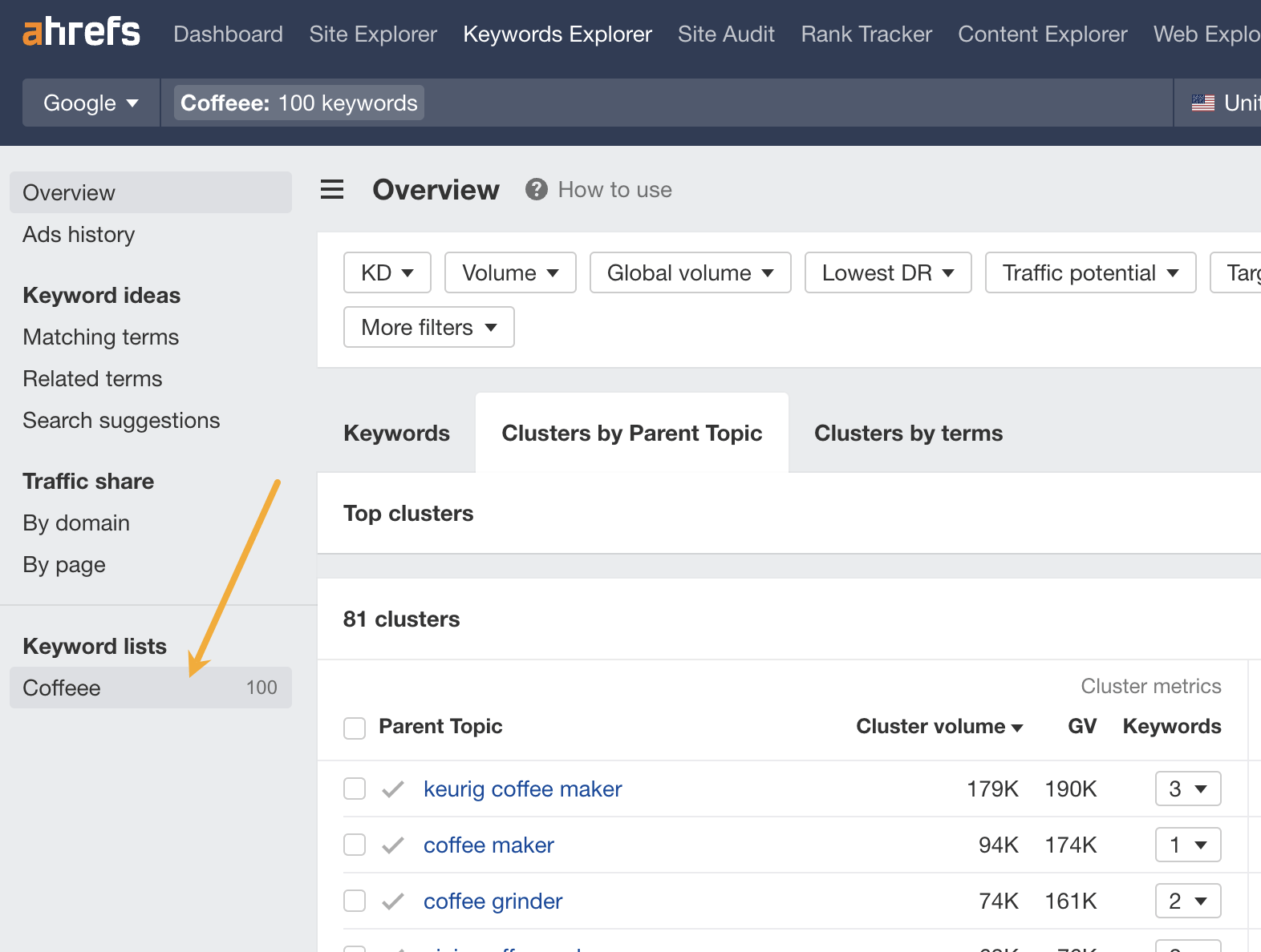 Viewing clusters for a keyword list in Keywords Explorer