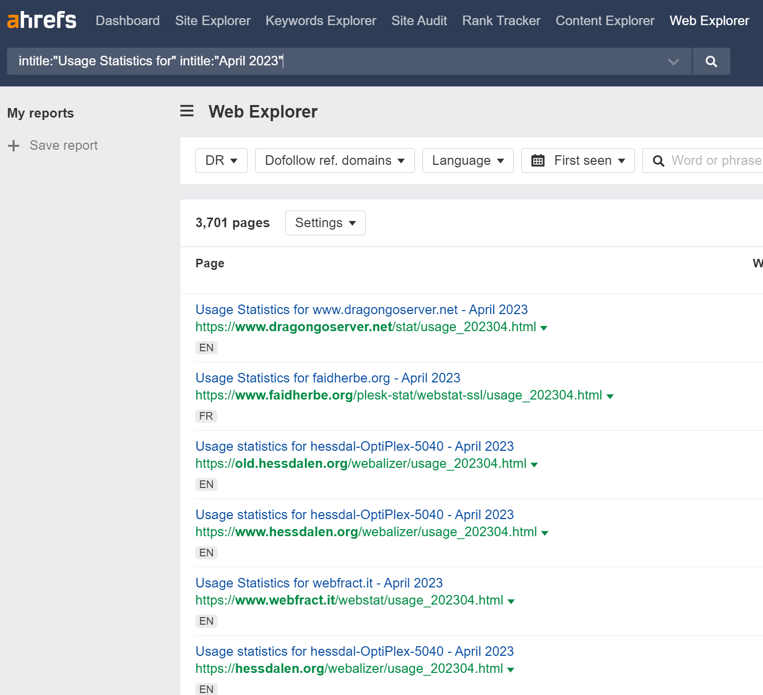 Web Explorer search I used to find log files on the web
