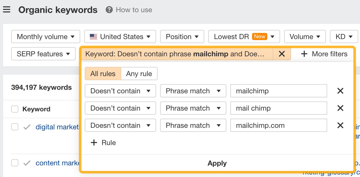 Filter branded keywords in your organic keywords report