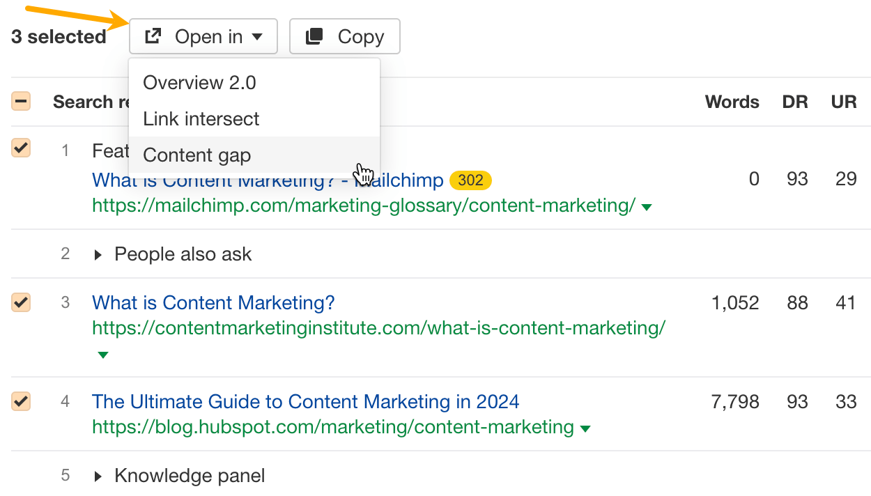 Accessing content gap via a shortcut in Keywords Explorer. 