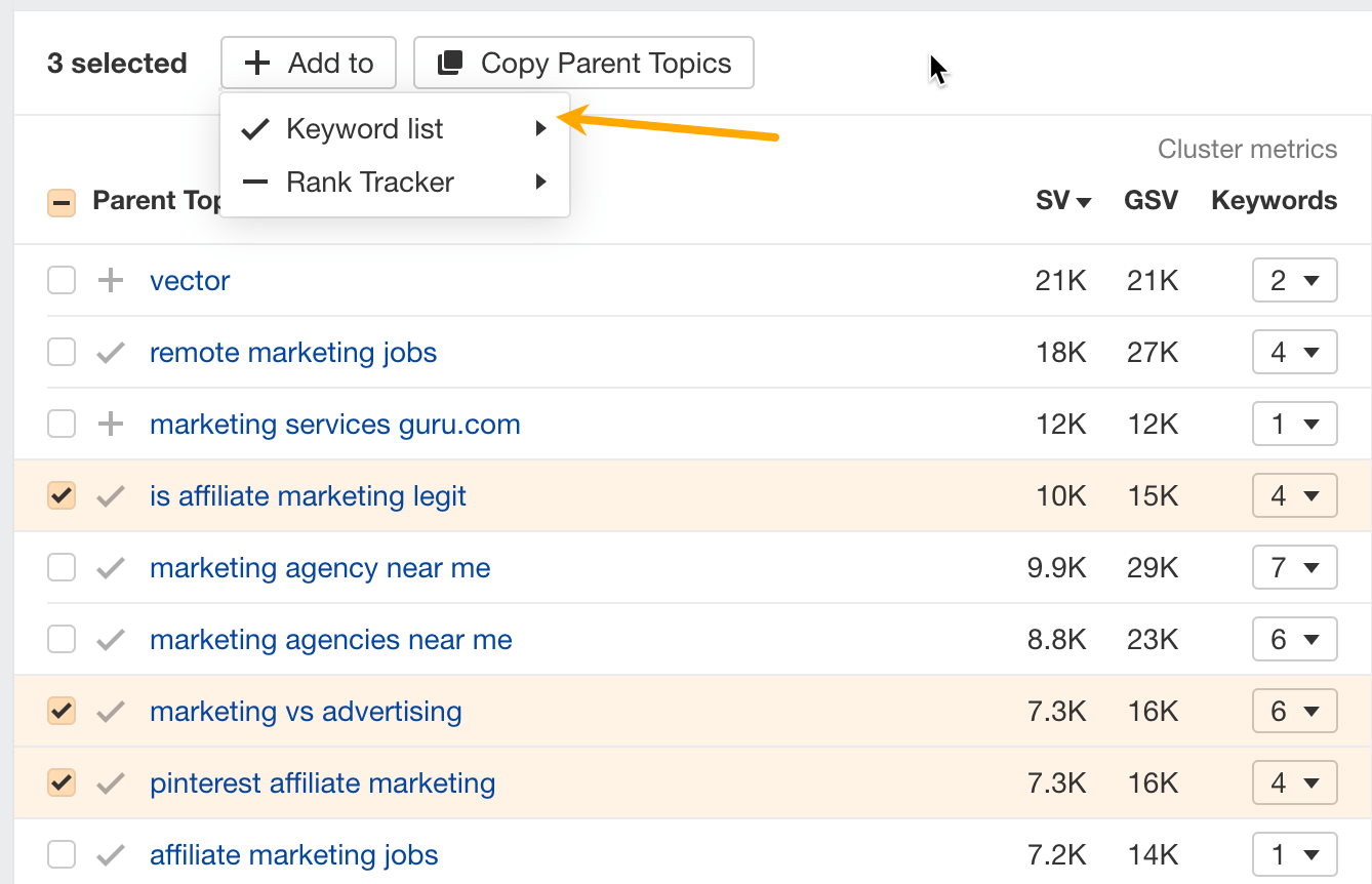 Adding a keyword to a list in Ahrefs.