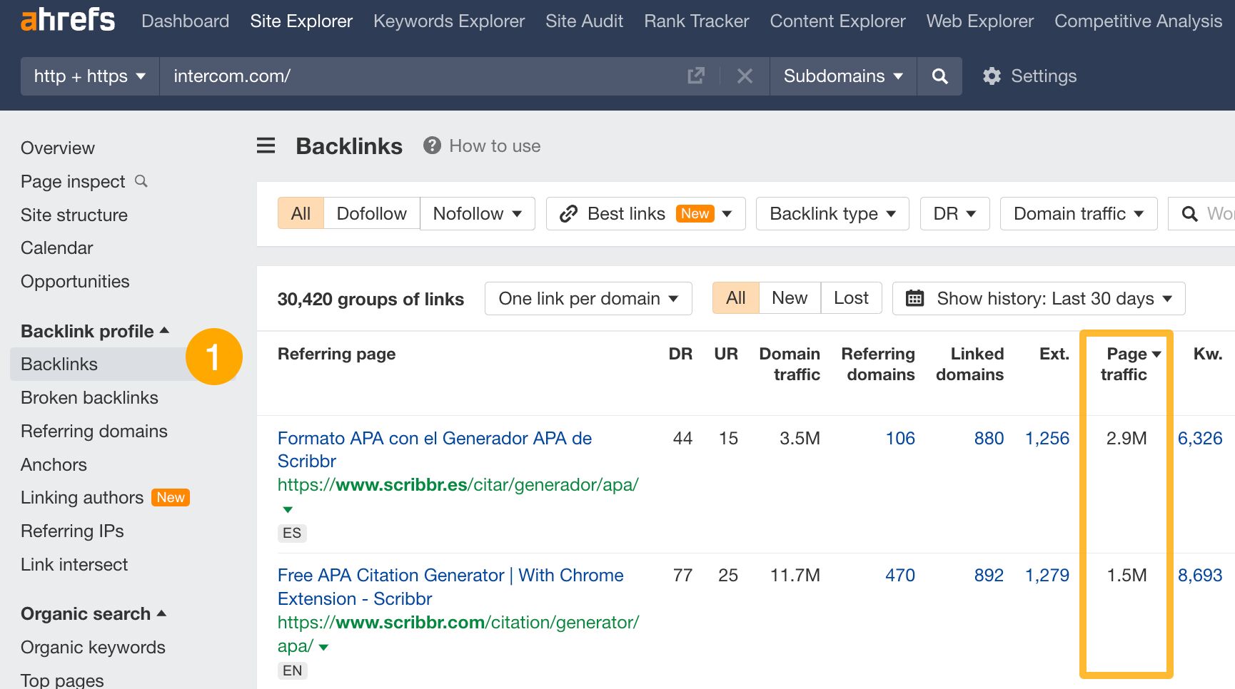 Backlinks report in Ahrefs. 