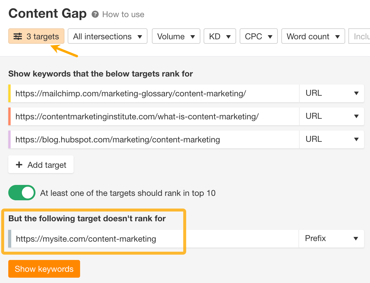 Content gap tool in Ahrefs Site Explorer. 