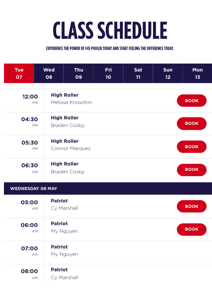 F45's class schedule for Pooler's franchise location