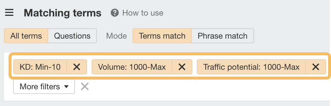 Filtering for low-difficulty keywords with high traffic potential