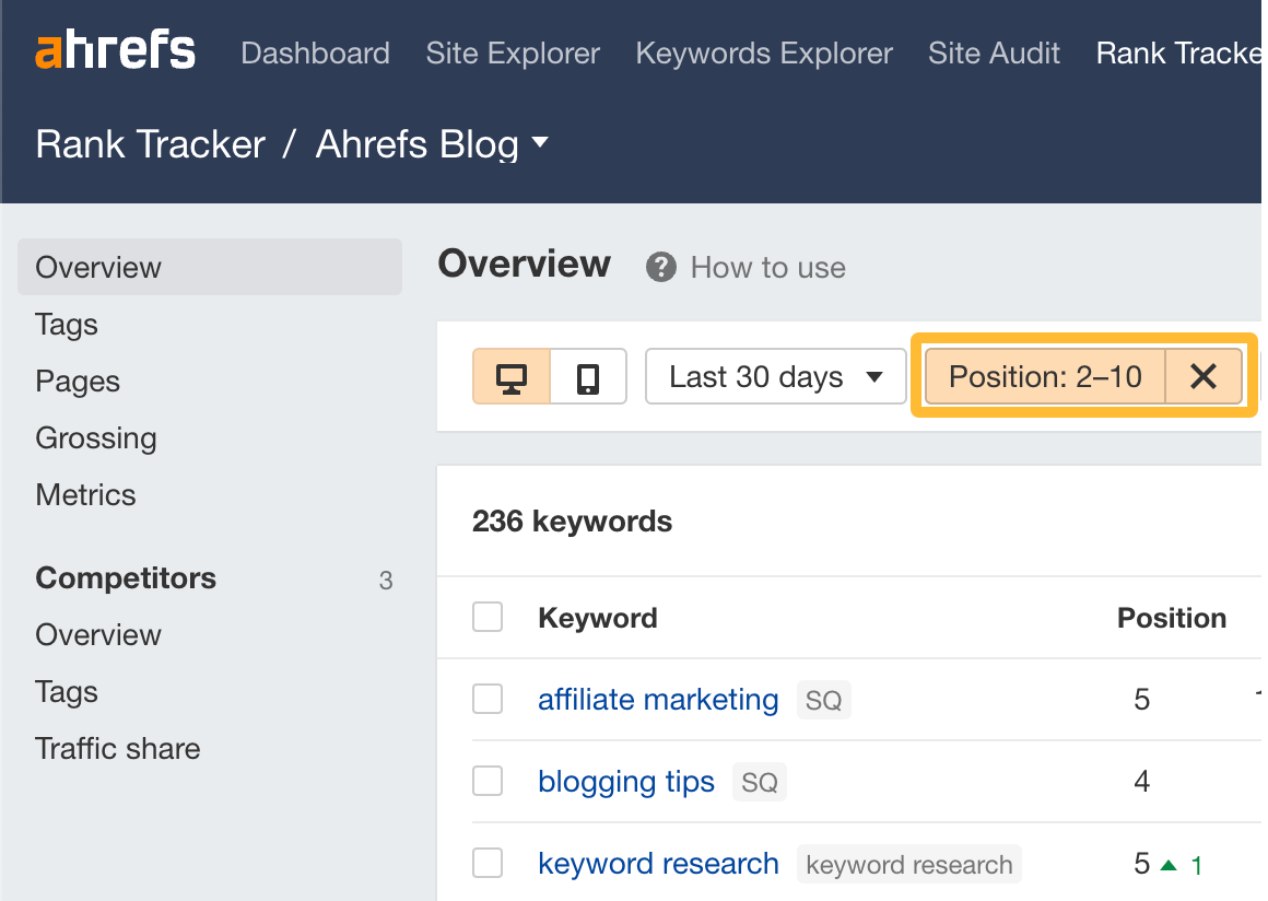 Filtering for lower first-page rankings in Ahrefs