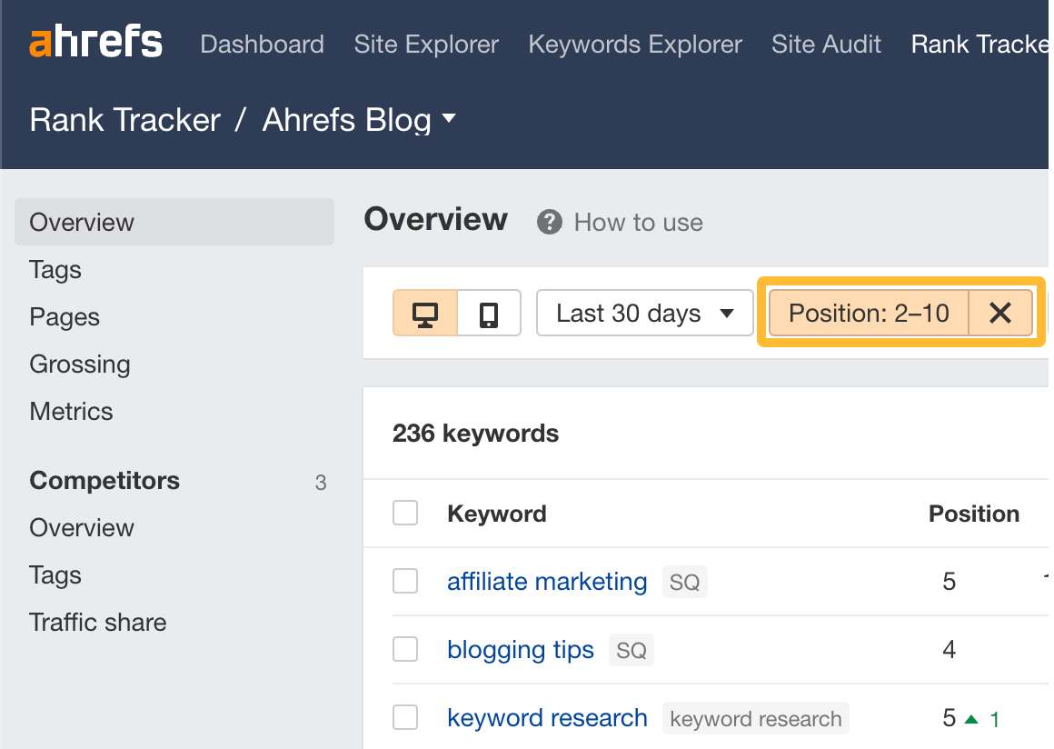 Filtering for lower first-page rankings in Ahrefs