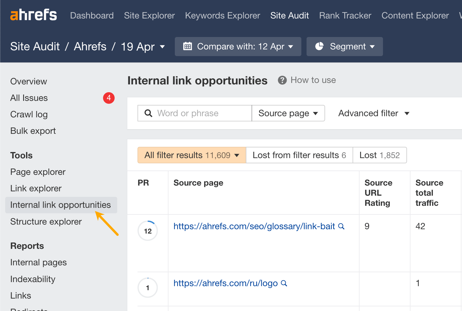 Internal link opportunities tool in Ahrefs.