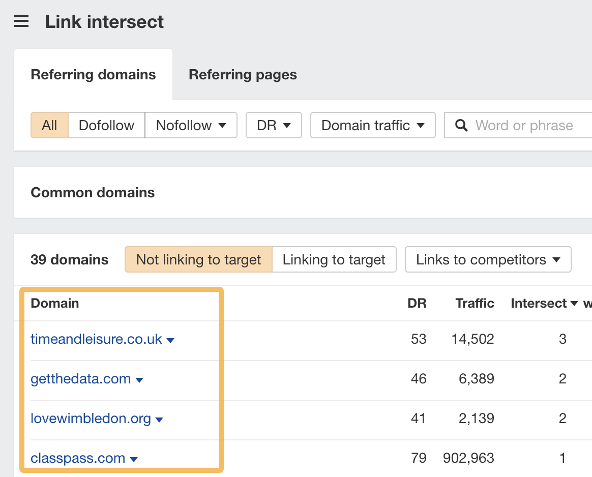 Link Intersect in Ahrefs
