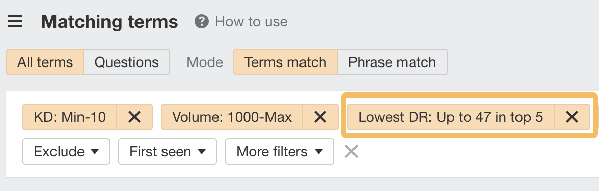 Lowest DR filter in Ahrefs