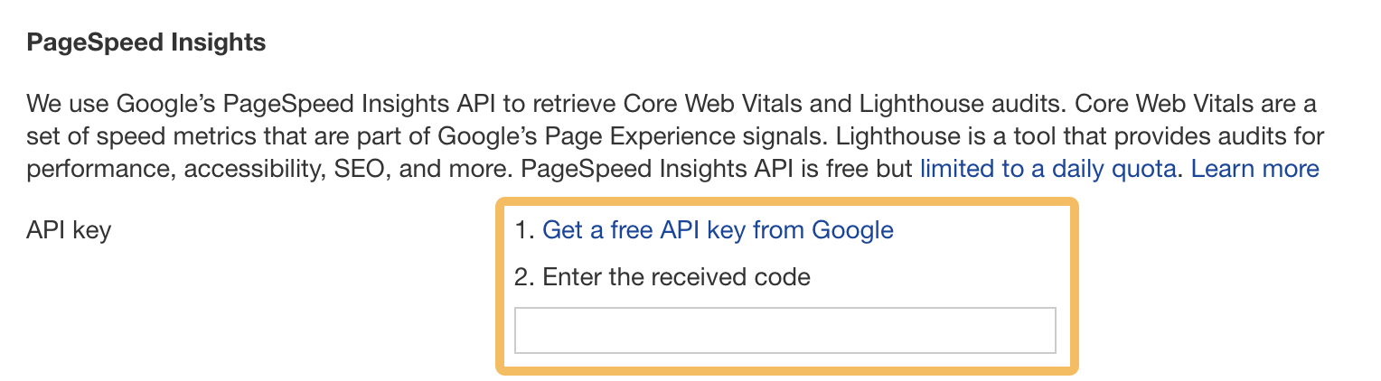 Page speed insights instructions for connecting API within ahrefs