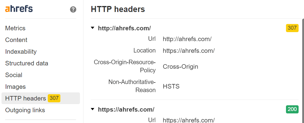 Use the Ahrefs Toolbar to check for redirects