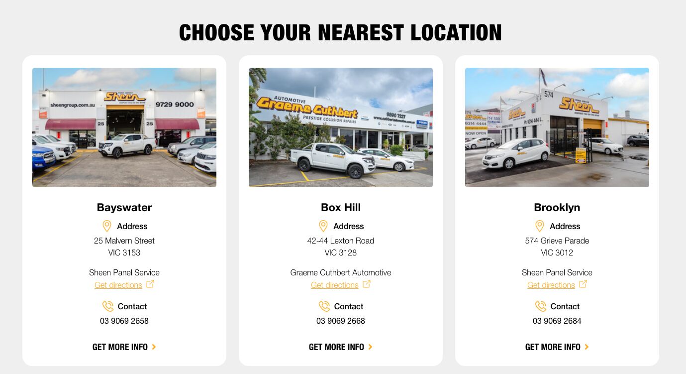 Using a card layout to add multiple franchise locations to a page's design.