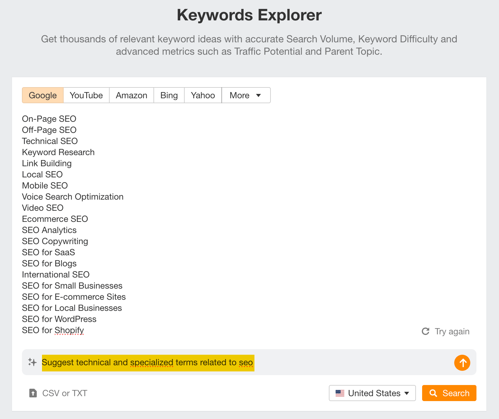 Using AI to generate keyword ideas in Ahrefs. 