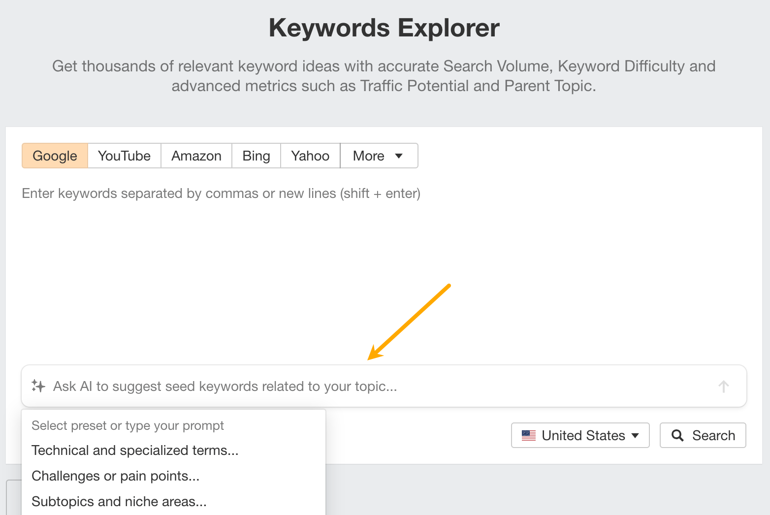Using Keyword Explorer's AI feature to generate keyword ideas.