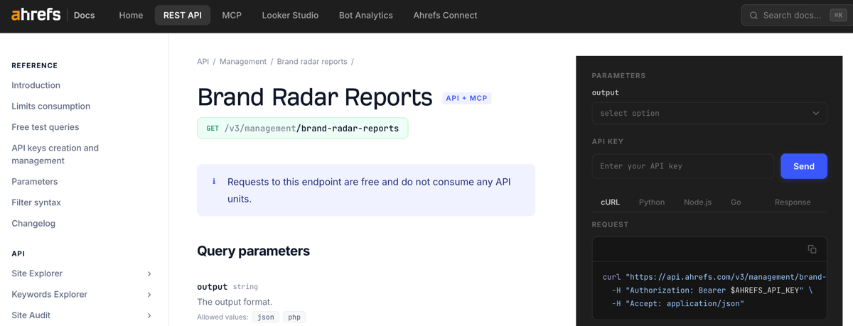 brand radar reports api endpoint