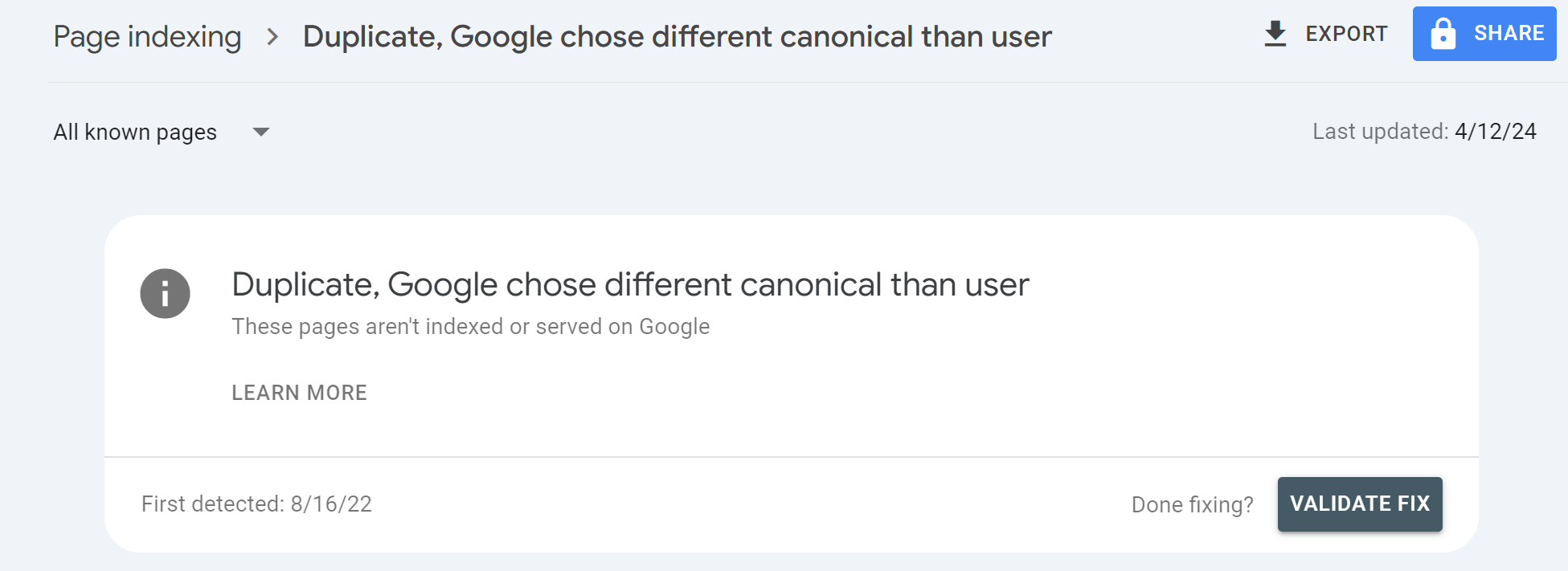 Duplicate, Google chooses a different canonical than user error in the GSC Page indexing report