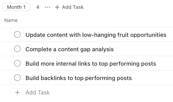 Example of Month 1 SEO tasks created in ClickUp.