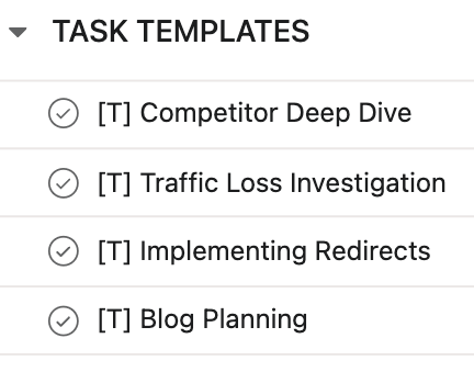 Example of SEO task templates using ClickUp.