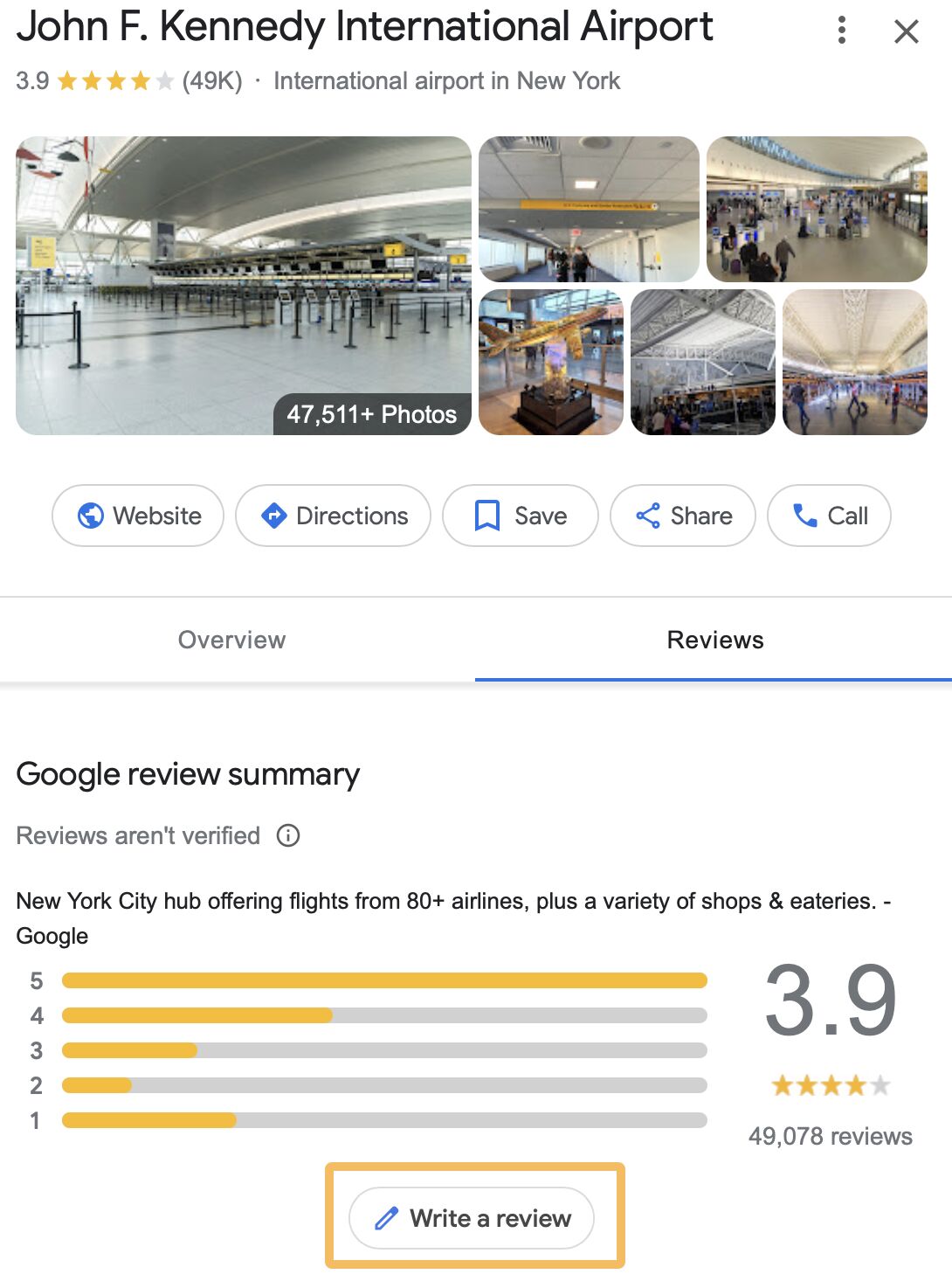 Example of writing a review direct from Google Search