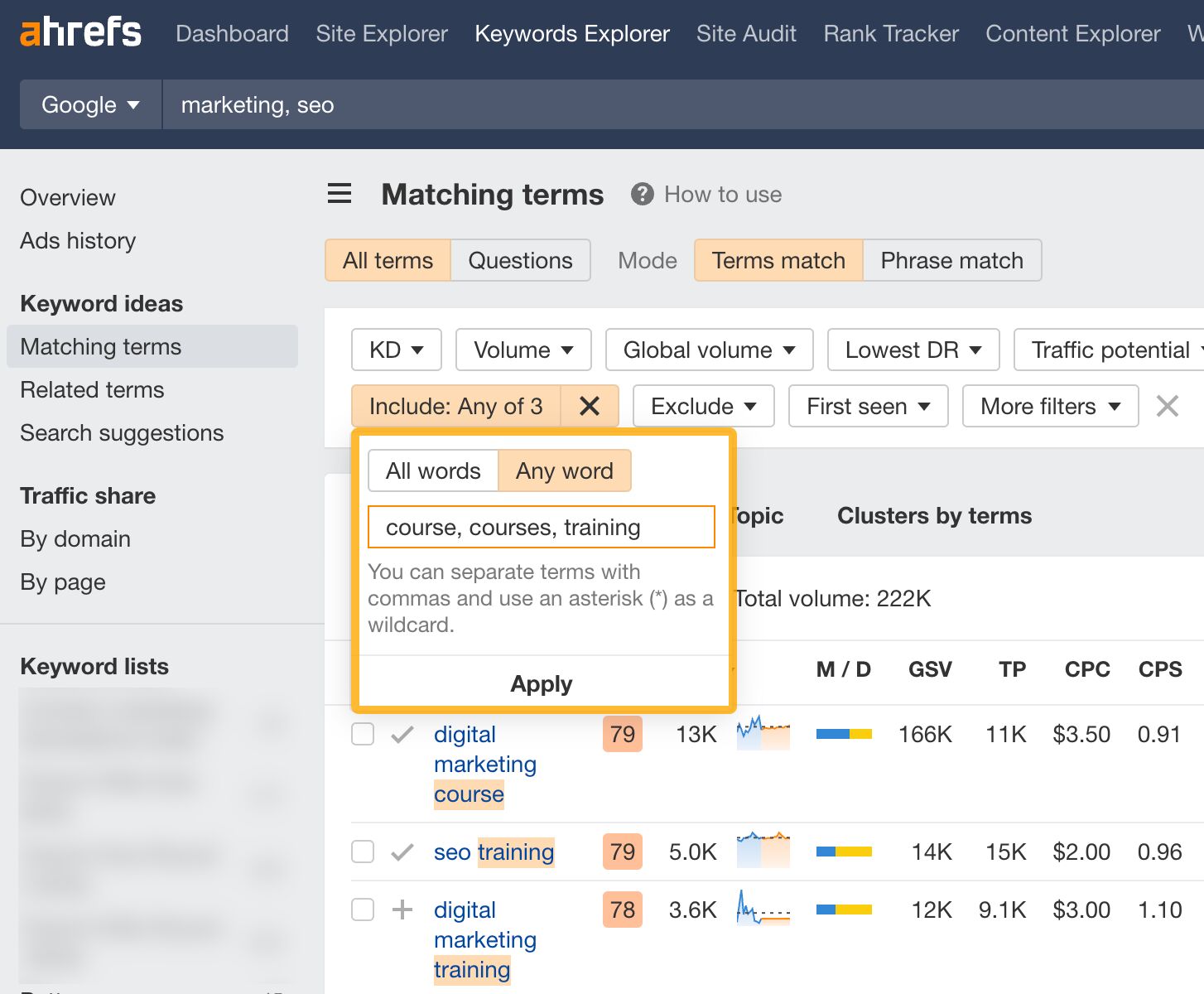 Finding course-related keywords in Keywords Explorer