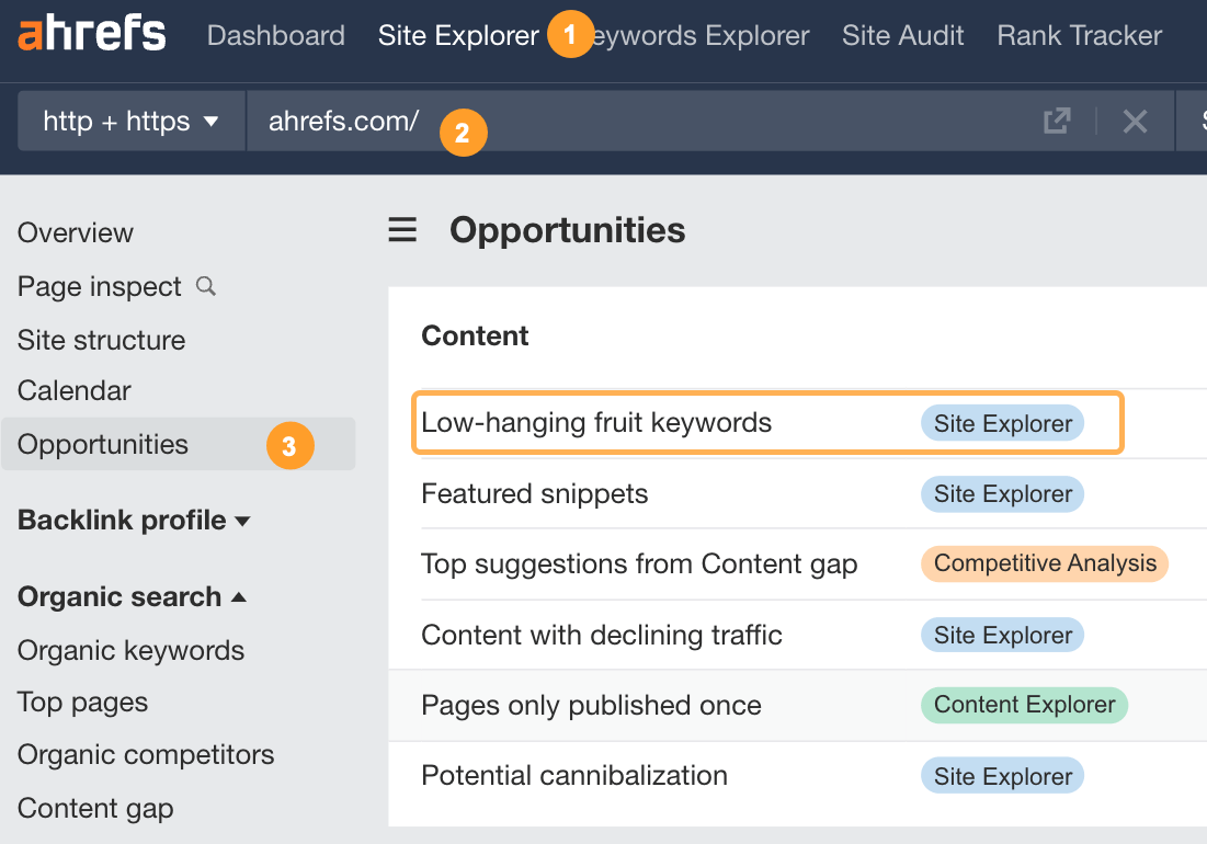 Finding low hanging fruit keyword in Ahrefs.